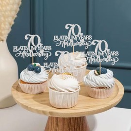 Keaziu - Juego de 24 adornos para cupcakes de 70 aniversario, 70 años de platino, aniversario, para 70 años, aniversario de boda, feliz 70 aniversario, cumpleaños, fiesta, decoración de pasteles, color plateado