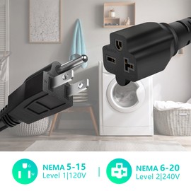 Ufixed Heavy Duty NEMA 5-15 to 6-20 Power Adapter Cord for EV Charger, NEMA 5-15 to NEMA 6-20 Adapter 2 Prong to 3 Prong Adapter 240V to 120V Adapter Cord Extender 20 Amp Extension Cord 120V Plug