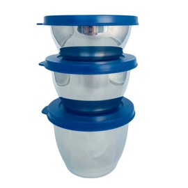 Tupperware Set of 3 Tiffin 200 ml + 300 ml + 450 ml Stainless Steel Metal Silver Dark Blue Lid - Clear Collection Bowl Fridge Tin Box Container
