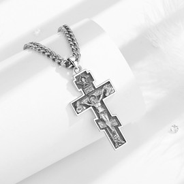 INFUSEU Orthodox Cross Necklace Men Eastern Orthodox Christian Gifts Russian Greek Pendant Big Large Jesus Cross Crucifix Prayer for Women Catholic Religious 925 Sterling Silver Spiritual Present