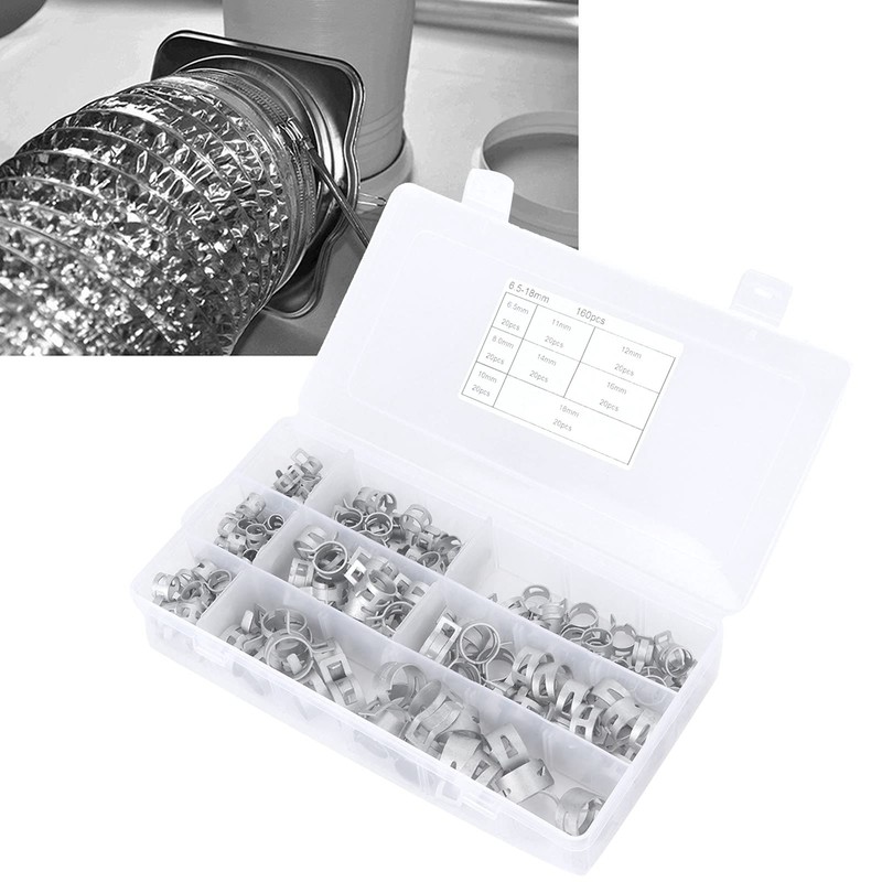 Onewer Hose Clamp Kit, 160 Pcs Hose Clamps Silver 304