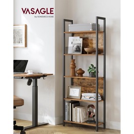 VASAGLE 5-Tier Bookshelf, Book Shelf, Industrial Bookcase, with Steel Frame, for Living Room, Home Office, Bedroom, 9.4 x 24.4 x 65 Inches, Rustic Brown and Black ULLS025B01