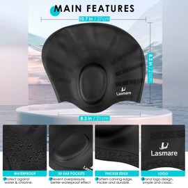 Long Hair Swim Cap for Women Men with 3D Ear Protection, Silicone Swimming Cap for Long/Short Hair to Keep Hair Dry, Waterproof Adult Swim Hats Bathing Caps with Ear Plugs & Nose Clip (Black)