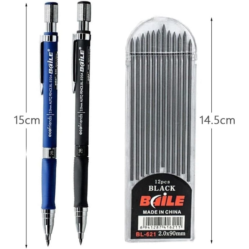 Zhhuoc 1Pc Black Mechanical Pencil 2.0mm 2B Automatic Pencils, Lead