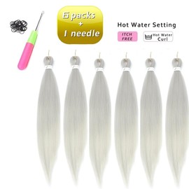Pre Stretched Braiding Hair Silver Braiding Hair Extensions for Braids 26 Inch 6 Packs Yaki Textured Crochet Synthetic Hair Hot Water Setting Crochet Extensions (26 Inches, Silver#)