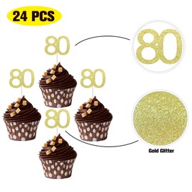 Sumerk 24PCS 80 Cupcake toppers Gold Glitter 80th Birthday Cupcake Picks Anniversary Party Decorations