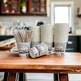 GMM American Coffee Cups, Cappuccino_Tea_Latte Disposable Paper Cups, 190 ml + Eco Disposable Wooden Coffee Palette, Ecostoviglie (190 ml_90 mm, Multi-Written)