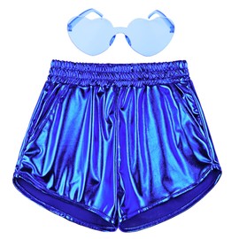 Perfashion - Pantalones cortos metálicos para niñas, pantalones cortos brillantes y brillantes para fiesta, Mineral Blue #24, 8-9 Años