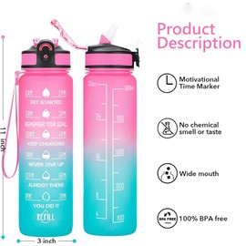 Water Bottle 1L with Straw, Leakproof BPA-Free Plastic Gym Water Bottle with Time Marker, Reusable Sports Water Bottle for Men, Women, Kids – Ideal for Gym, Cycling, Office, Outdoor（Pink and Blue）