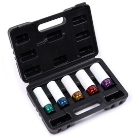 ACZCR 5pcs 1/2 inch Thin Wall Deep Impact Socket Set Drive Wheel Protector Impact Socket Durable Plastic Sleeve Lug Nut Socket, 6 Point Color-Coded 15mm 17mm 19mm 21mm 22 mm