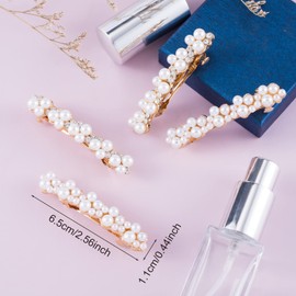 OIIKI Pearl Rhinestone Hair Snap Clips - Elegant Barrettes with Pins for Women, Girls, Brides, Parties, Wedding, Daily Use - Gold