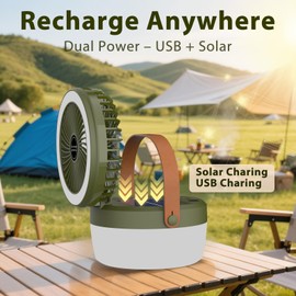 EJYTRVT Solar Camping Fan with LED Light – Rechargeable Portable Fan with 3 Speeds, 4 Lighting Modes, USB & Solar Powered, Foldable & Hanging Tent Fan for Camping, Travel, Beach, RV, Camper