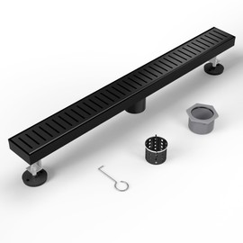 Shower Drain Stainless Steel for Bathroom: Black Linear Shower Drain 24 Inch with Removable Capsule Pattern Grate - Adjustable Rectangular Shower Floor Drain with Hair Strainer (Matte Black)