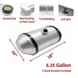 JSD 6.25 Gallons 10" x18" Spun Aluminum Gas Tank / Fuel tank Center Fill 1/4" NPT Outlet