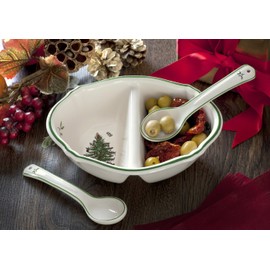 Spode Christmas Tree Divided Serving Dish with 2-Spoons