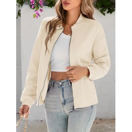 Fisoew Womens Zip Up Long Sleeve Sweatshirt Jacket Casual Loose Coats With Pockets Beige