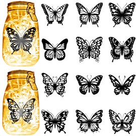 CREATCABIN 12Pcs Butterflies Silhouettes Mason Jar Decor Laser Cut Cardboard Plastic Insect Jars Scrapbook Decorations Solar Lantern Hanging Cutouts Ornaments for Glass Black 4x3.5Inch-No Sticker