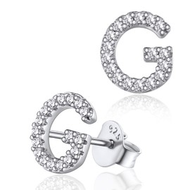 Silvora 925 Sterling Silver Letter Stud Earrings, Name Initial Earrings A-Z for Silver Name Earrings, Women, Children and Girls, Silver Letter Earrings, Silver with zirconia, G
