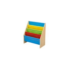 Delta Children Sling Book Rack Bookshelf, 4-Tier Wooden Shelf with Soft Fabric Pockets, Ideal for Playroom, Living Room, Basement, or Bedroom