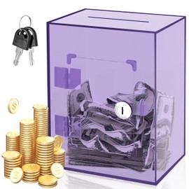 Large Acrylic Clear Piggy Bank, Money Saving Box for Cash Saving with Key, Openable Clear Acrylic Savings Jar for Adults Kid (Purple)