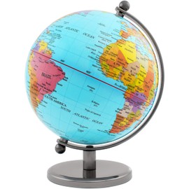 BRUBAKER Designer Globus - Deko Planet 19 cm hoch - Weltkugel mit politischer Karte - Büro Dekoration mit Fuß und Meridian aus Edelstahl - Hellblau