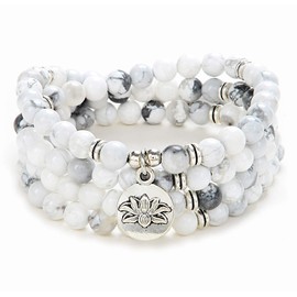 108 Bead Mala Bracelet with Lotus Charm and 6mm Small Stone Beads (White Howlite)