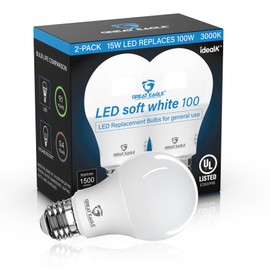 Great Eagle 100 Watt Light Bulb, A19 LED Light Bulbs 100 Watt Equivalent, 3000K LED Light Bulbs, Non-Dimmable 15W Soft White LED Light Bulbs (2 Pack)