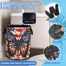 American Flag Butterfly Laundry Basket Daisy Flowers Oxford Cloth Laundry Hamper With Handle Foldable Portable Clothes Storage Basket 18.9 X 16.5 Inch Storage Bag For Laundry Room/Bathroom/Bedroom