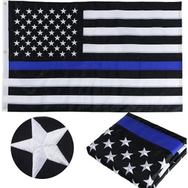 Embroidered Thin Blue Line Flag 5x8 ft, Large American Police Flags for Outside Made in USA, Back The Blue USA Blue Line Flag with 3 Brass Grommets for Law Enforcement Officers