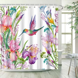 JONSEQIN Hummingbird Floral Shower Curtain Rustic Flower Farmhouse Animals Watercolor with Spring Wildflower Plants Green Leaves Bathroom Decor Curtains with Hooks