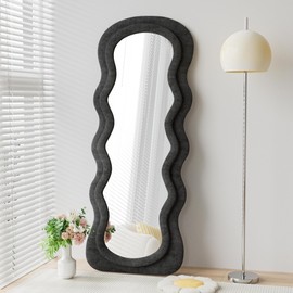 Dewfig Full Length Mirror, 63" x 24"Irregular Wavy Mirror, Large Floor Length Mirror Wall Mounted, Standing Wavy Mirror with Flannel Wrapped Wooden Frame for Bedroom/Living Room, Black