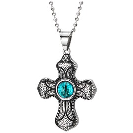 COOLSTEELANDBEYOND Steel Mens Womens Blue Evil Eye Protection Vintage Tribal Tattoo Pattern Cross Pendant Necklace