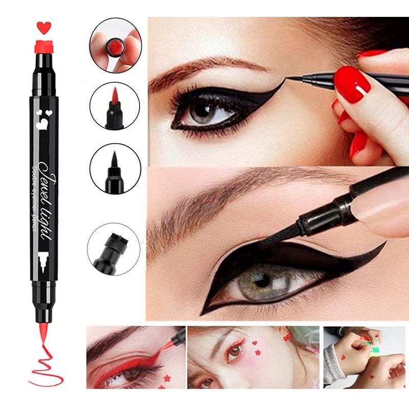 Go Ho 2 PCS Waterproof Liquid Eyeliner Stamps,Double-side Black&Red Smudge-proof