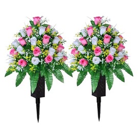 LVXINLI - Flores artificiales de cementerio, rosas para decoración de tumbas, ramos conmemorativos con jarrón de cementerio, colores vibrantes y duraderos (rosa y blanco, 2 paquetes)