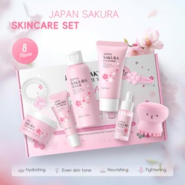 Sakura Skin Care Sets & Kits, Skincare Set for Teenagers Girls, 8PCS Teenage Girls Gifts - Cleanser, Serum, Eye Cream, Face Cream, Toner, Facial Cleansing Brush, Hair Clip & Hair Tie, Girls Pamper Set