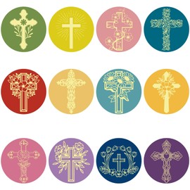 CRASPIRE 120Pcs 2 inch Round Cross Stickers Self Adhesive Envelope Stickers Paper Colorful Easter Party Cross Decal Decoration Seals Gold Foil Embossed Labels Decals for DIY Scrapbook Seal Decoration