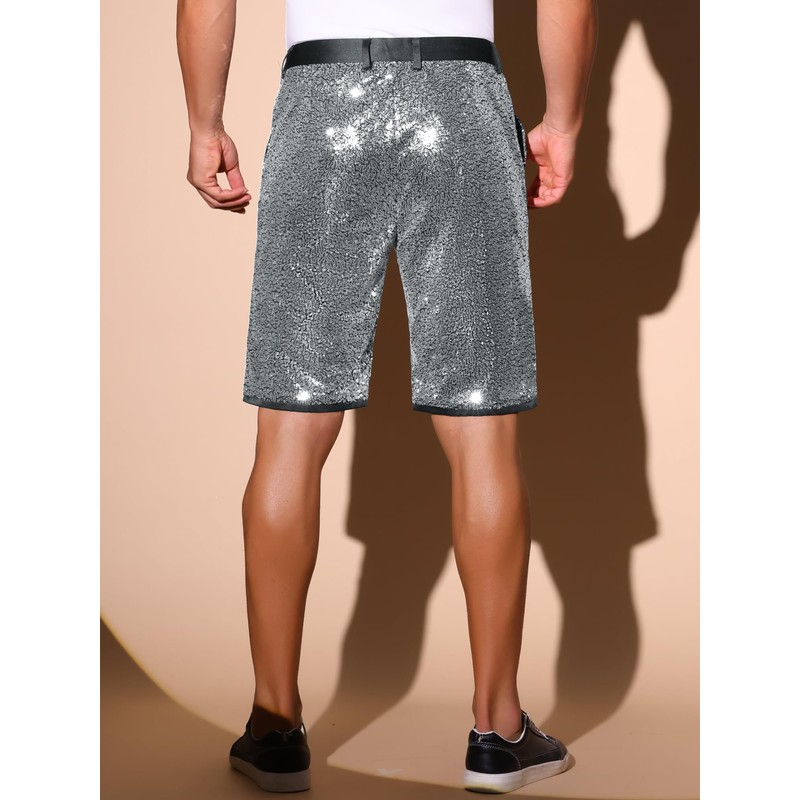 Lars Amadeus Sparkly Silver Sequin Shorts for Men's Straight Leg