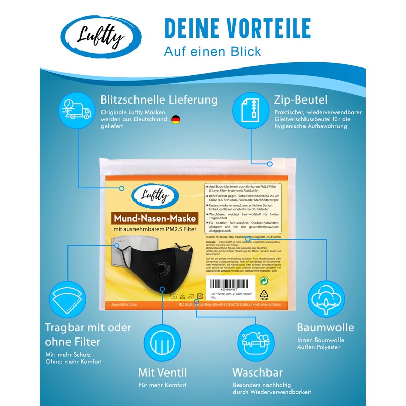 Luftty Mask with Valve, Adjustable Ear Loops and Nose Bridge,