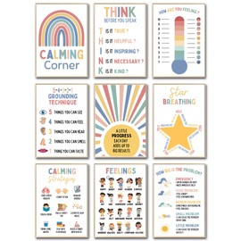 9 Calming Corner Poster Classroom Decor - Mental Health Poster For Kids Toddler Preschool Homeschool Decoration - Boho Calm Down Corner Supplies For Counselors Therapists Teachers Supplies(Boho)