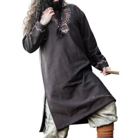 Leonardo Carbone® Viking Tunic Freki - Medieval Clothing Men's Medieval Shirt, Casual Shirts Long Sleeves, Carnival Costume Men, Viking Tunic, LARP Clothing - 100% Cotton, brown