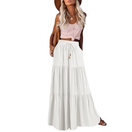 HAEOF Women's Summer Boho Maxi Skirt A-Line Flowy Swing Ruffle Tiered Elastic High Waist Long Beach Skirts with Pockets(White, M)
