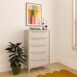 Naima Premium Fabric Dresser - Strong Metal Frame, 5 Spacious Sag-Proof Drawers with Sleek Metal Handles - Premium & Durable Storage Solution for Your Home (Beige)