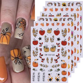 6 Sheets Fall Nail Art Stickers 3D Self Adhesive Autumn Pumpkins Fallen Leaves Nail Design Fall Sunflower Nail Decals Thanksgiving Theme Nail Stickers Nail Art Supplies for Women Manicure Decoration