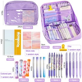BDHYYM Pack of 20 School Supplies with Pencil Case, Purple Pencil Case with 12 Compartments, 11 Gel Pens, 5 Pastel Highlighters, 1 Clip, 1 Notepad, 1 Sticky Notes, for Teenage Girls, Cool Stuff