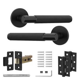 Decoranddecor Black Door Handles Internal – Aluminium Matt Black Door Handle Sets for Wooden Interior Doors | Internal Door Handles with Mortice Latch and Hinge | Hera Range