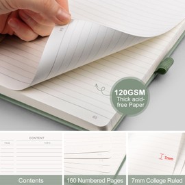 AHGXG Lined Journal Notebook, A5 College Ruled Notebook for Work Women Men, 120 GSM Thick Paper, 160 Numbered Pages, Hardcover Leather Journal for School, Writing, Note Taking, 5.7"×8.3", Sage Green