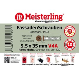 Meisterling® Facade Screws Stainless Steel V4A 5.5 x 35 mm Flat Head Torx T20 Light Brown + 1 Bit Pack of 100