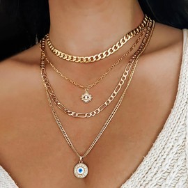 Inateannal Boho Layered Chunky Chain Necklace Gold Evil Eye Pendant Necklace Cuban Link Choker Necklace Crystal Devil Eye Necklace Punk Multilayer Necklace Chain
