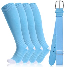 Haysandy Baseball or Softball Sock and Belt Combo Set 2 Cotton Baseball Socks with Belt for Boys Kids Youth Adult(Light Blue,Medium)