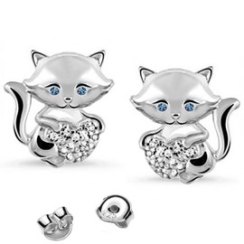 Cat with Heart Stud Earrings 925 Sterling Silver with Zirconia Crystal Earrings, Cubic Zirconia Sterling Silver, Cubic Zirconia